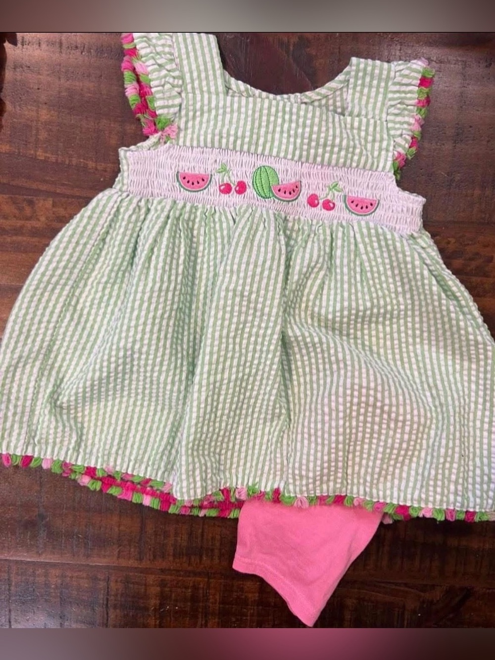 Green Seersucker Smocked Watermelon Dress for Girls - added pink biker shorts